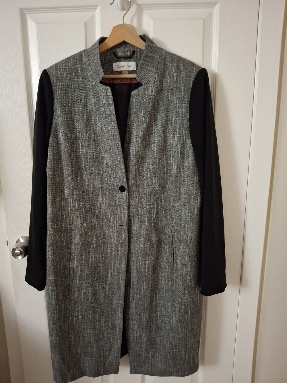 Calvin Klein Gray Tweed Trench Coat with Black Sleeves